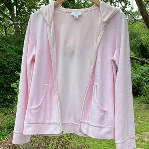 Ann Taylor Loft hoodie sweater cardigan pink cotton velour full zip jack…